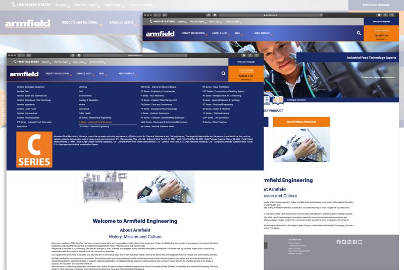 Armfield homepage and custom mega-menu
